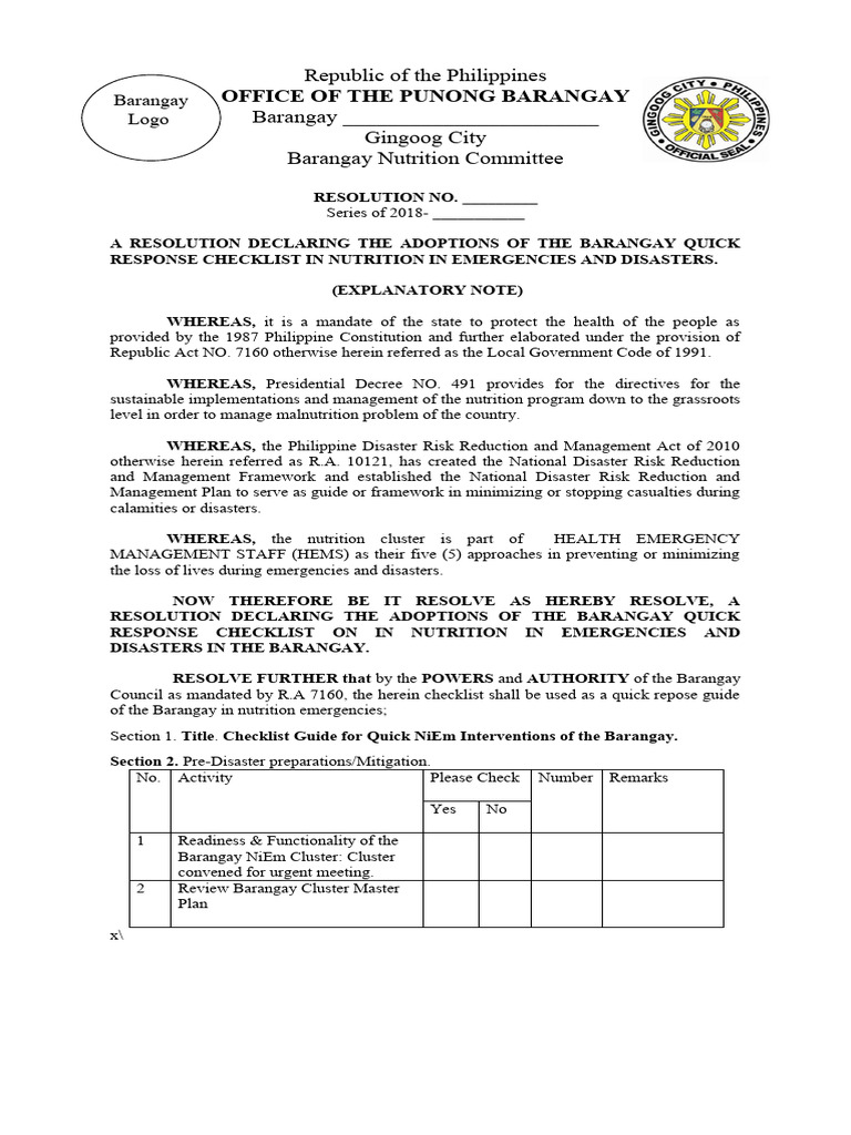 Barangay Nutrition Emergency Checklist | PDF | Malnutrition | Breastfeeding