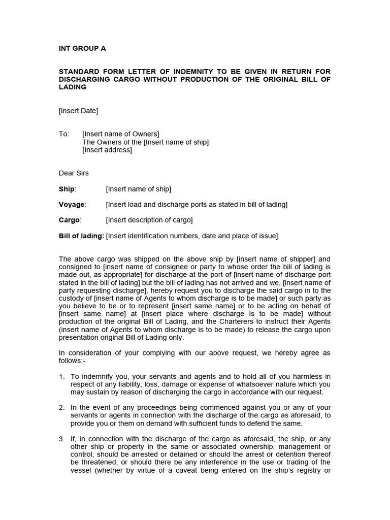 Indemnity for Cargo Discharge Without Bill | PDF | Bill Of Lading ...