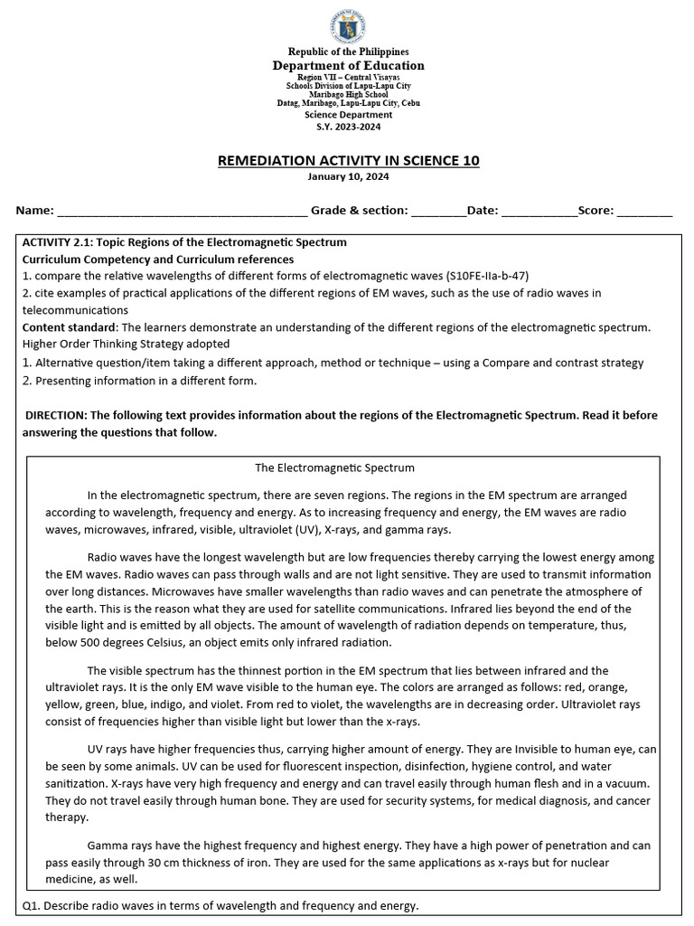 SCIENCE 10 Activity 2.1 | PDF | Electromagnetic Spectrum ...