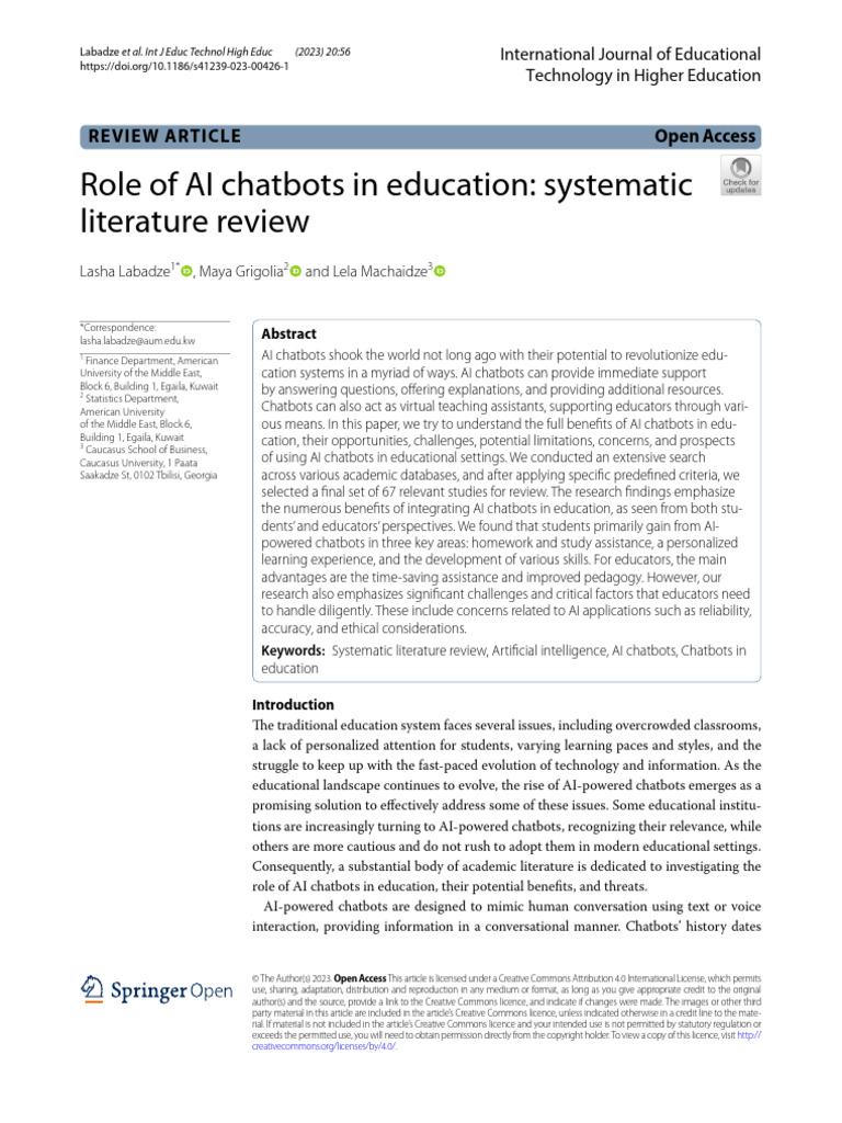 Role of AI Chatbots in Education Systematic Litera | PDF | Artificial ...
