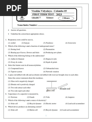 Grade 07 Science 1st Term Test Paper 2023 English Medium Visakha Vidyalaya