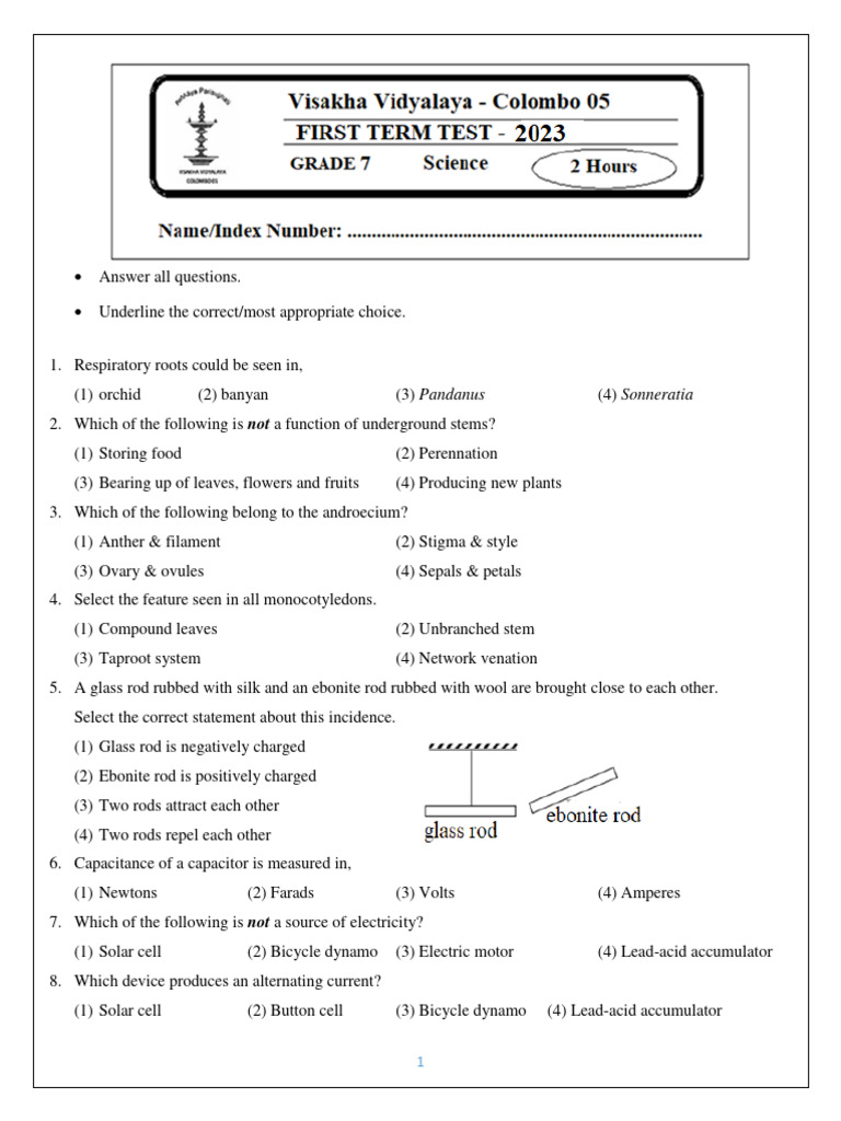 Grade 7 Science 1st Term Test Papers | PDF | Physical Sciences ...