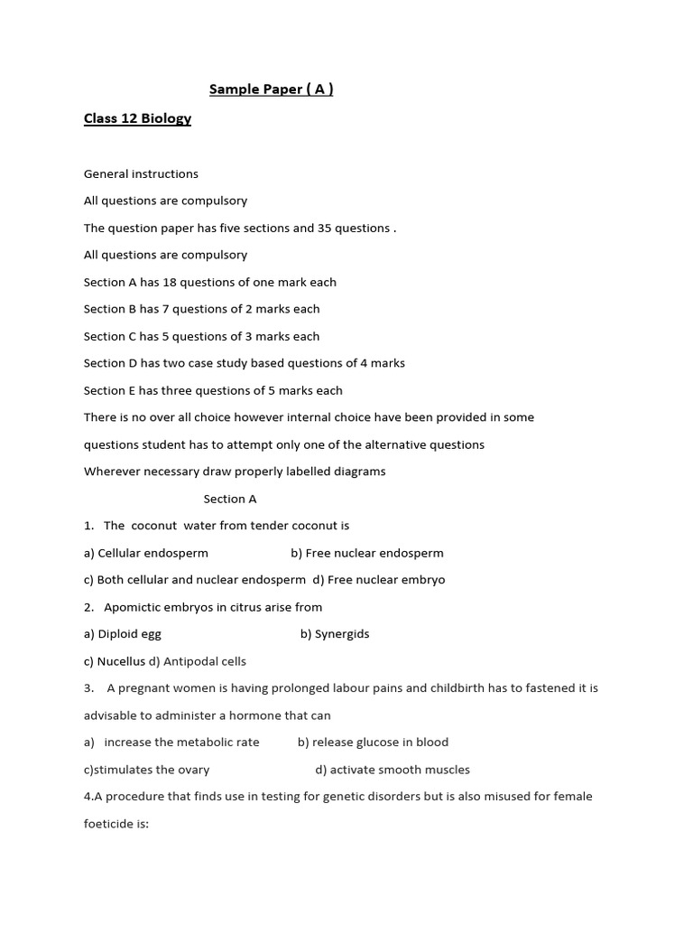 Class 12 Biology Sample Paper | PDF | Dna | Infertility