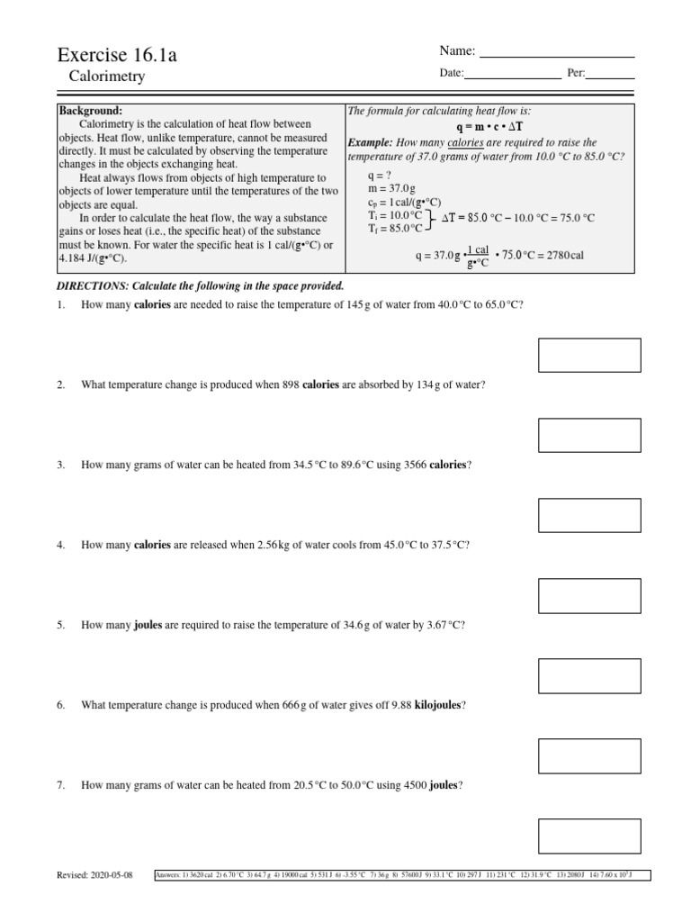 Calorimetry Worksheet Answers 16.1 | PDF | Calorie | Heat