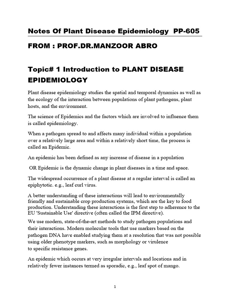 PP-605 Notes Epidemiology | PDF | Plant Pathology | Infection