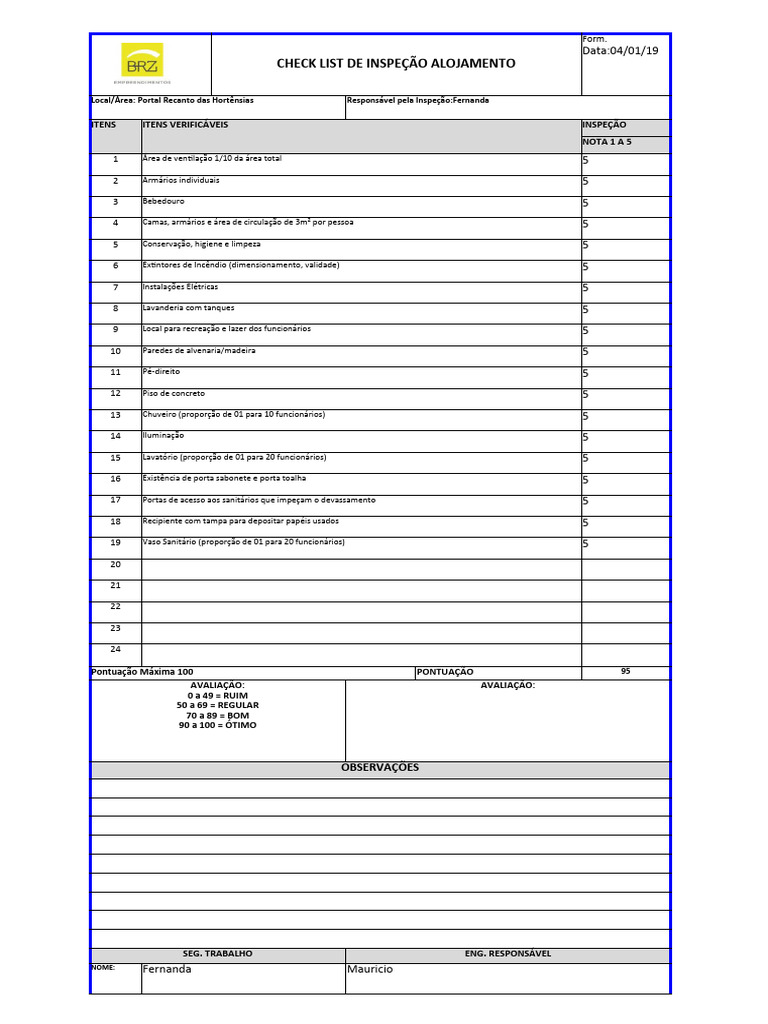 Inspeção de Alojamento: Avaliação e Resultados | PDF | Engenharia Civil ...
