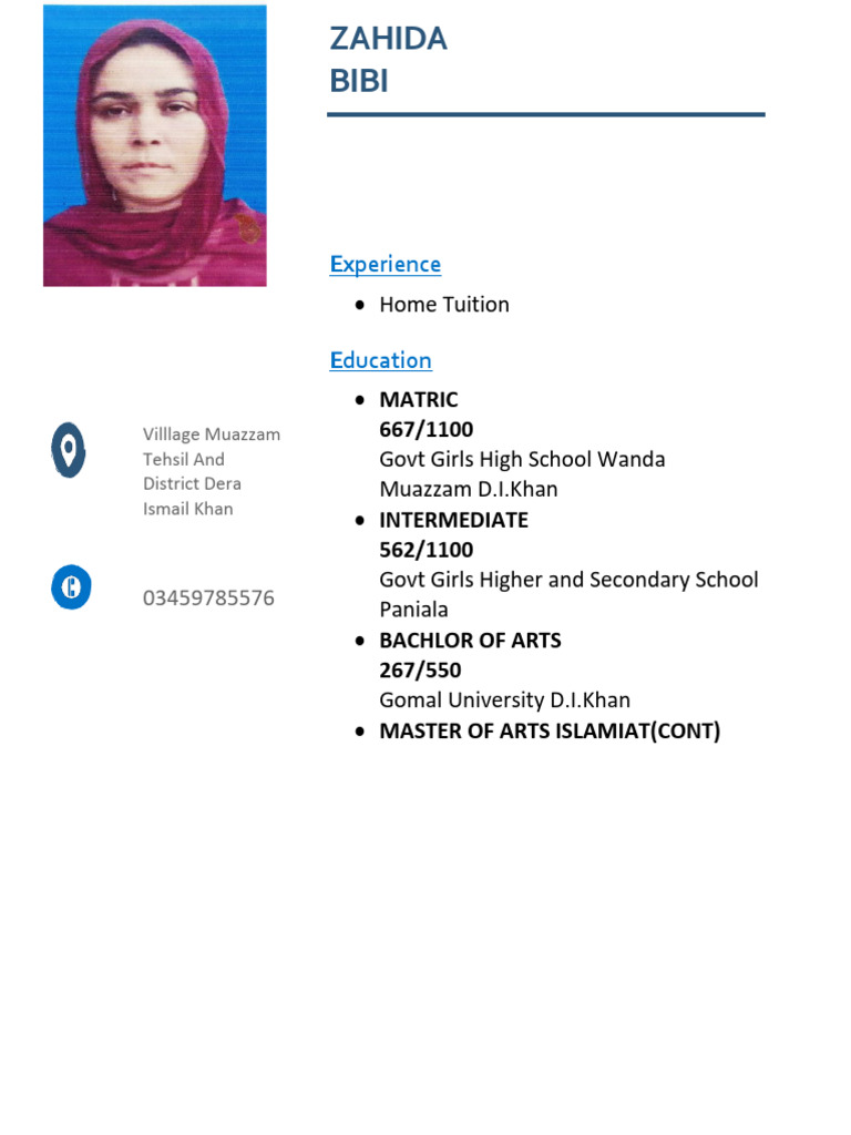 Zahida Bibi's Educational Background | PDF