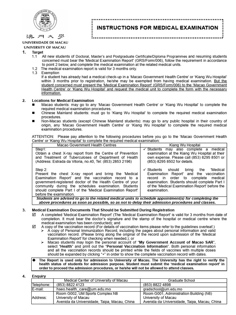 Instruction For Medical Examination - e | PDF | Physical Examination ...