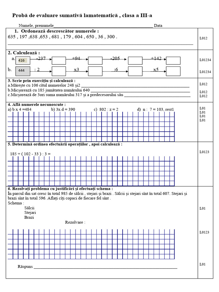 0 Test Final Matematica CL 3 | PDF