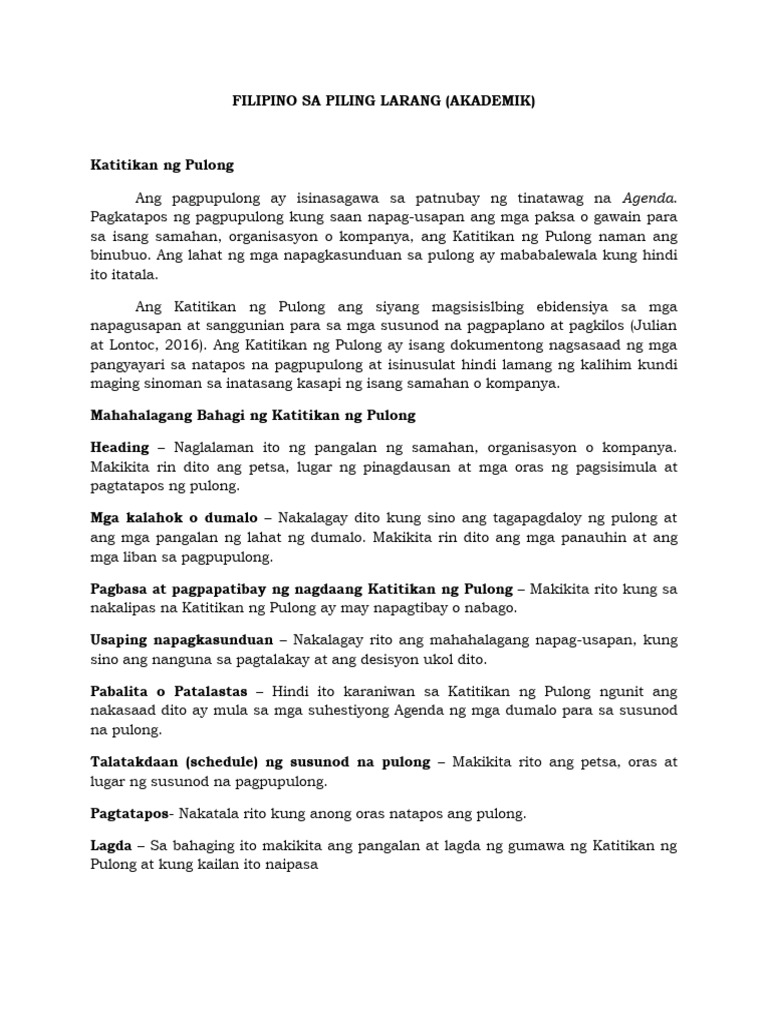 FILIPINO SA PILING LARANG Akad Notes For 2nd Q Exam PDF