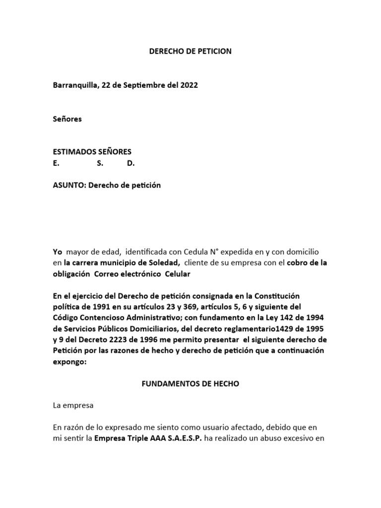Derecho de peticion alto y mal servicio triple aaa pdf business