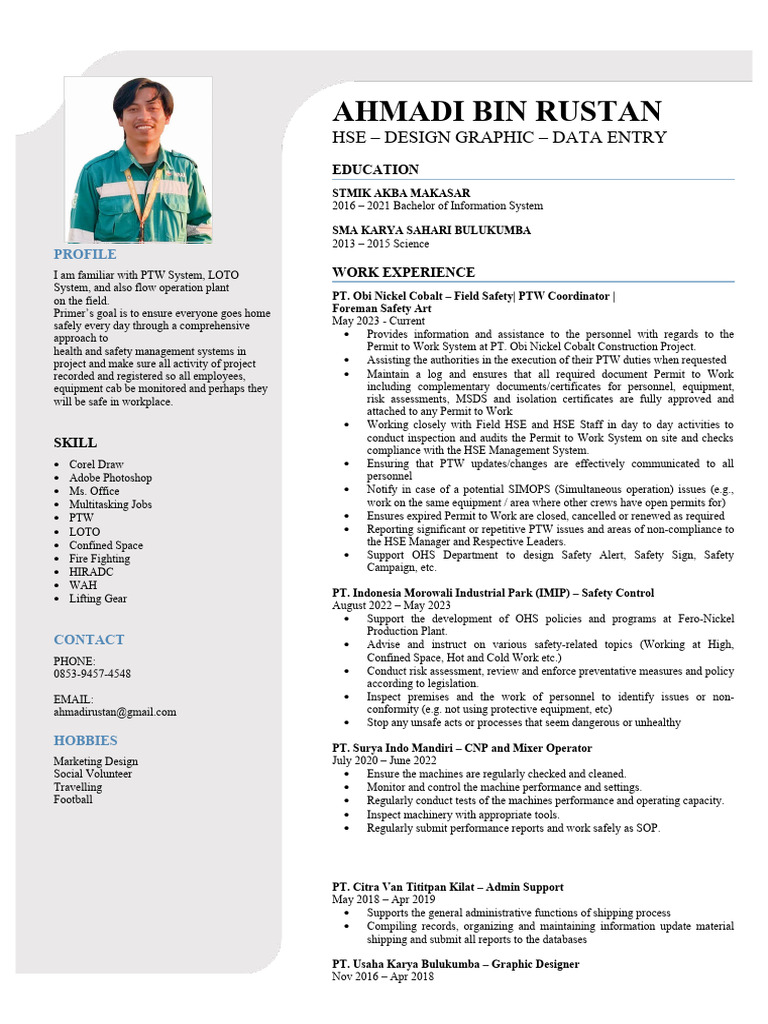 HSE and PTW Coordinator Profile | PDF | Safety