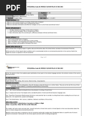 Week 8 Lesson Plan, Letter Writing (Inquiry)
