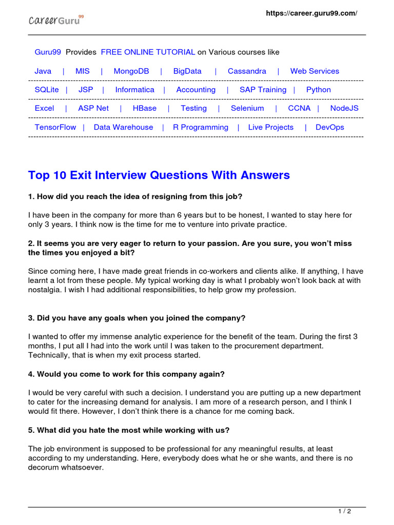 Top Exit Interview Questions & Answers | PDF