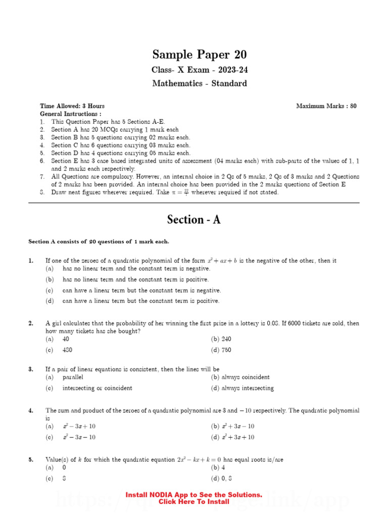 MA Sample Paper 20 | PDF | Quadratic Equation | Circle