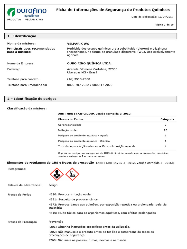 Ficha de Segurança do Herbicida Velpar K | PDF | Vômito | Silício