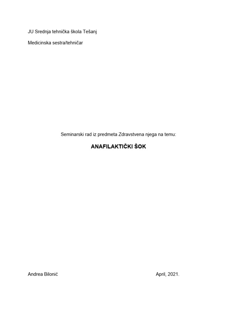 Seminarski Rad - Anafilaktički Šok | PDF
