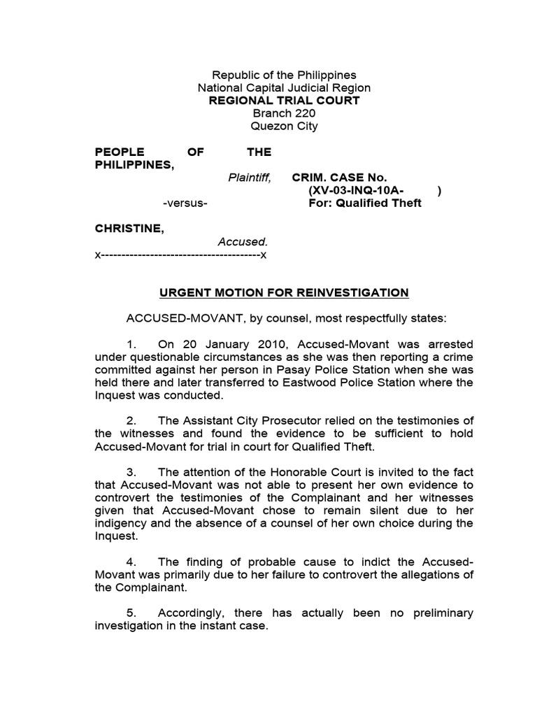 Sample Urgent Motion For Reinvestigation PDF Prosecutor Trials