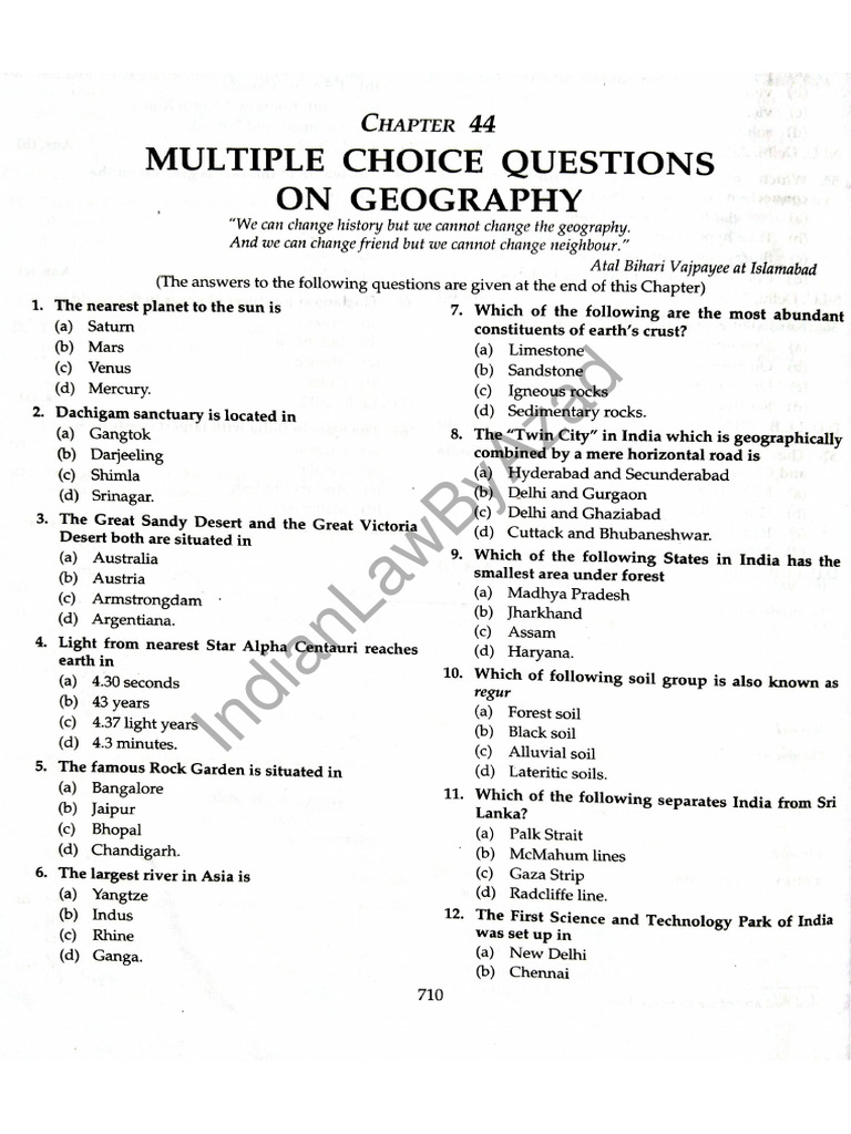 Multiple Choice Questions On Geography PDF