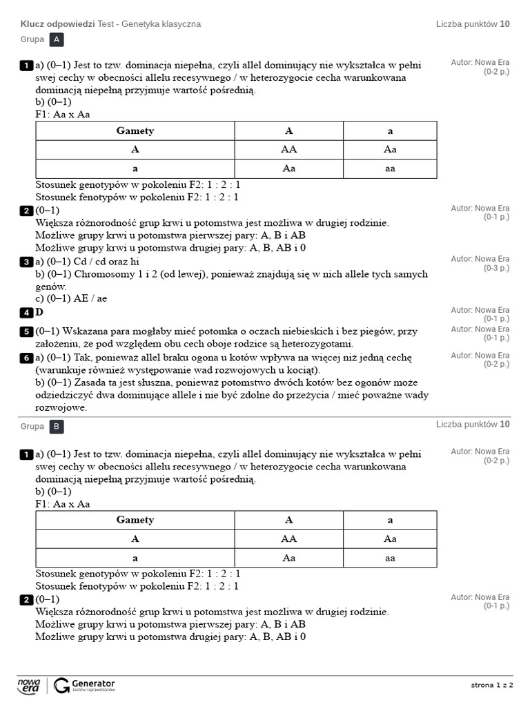 Genetyka Test Sprawdzający Rozdział 1 Test - Genetyka Klasyczna Klucz Odpowiedzi | PDF