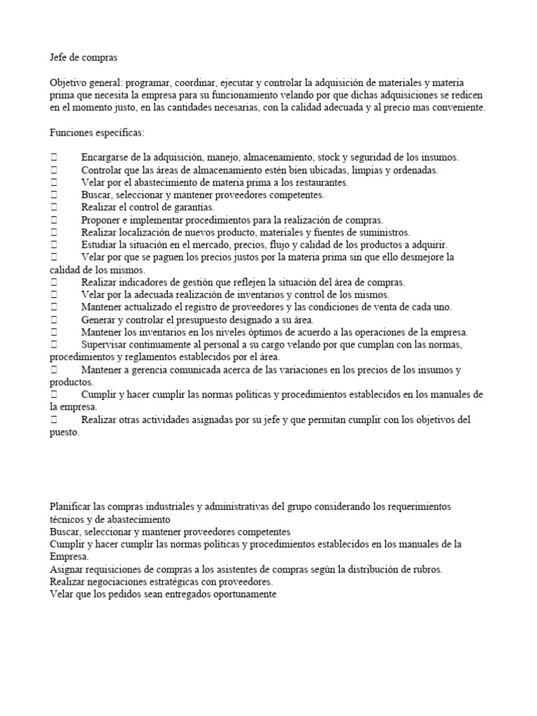 Funciones Jefe de Compras | PDF | Business | Calidad (comercial)