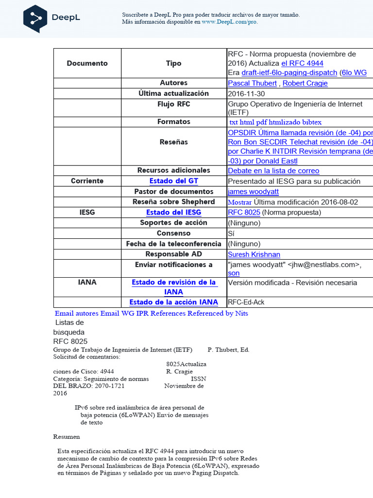 RFC 8025. IPv6 Over Low-Power Wireless Personal Area Network (6LoWPAN ...