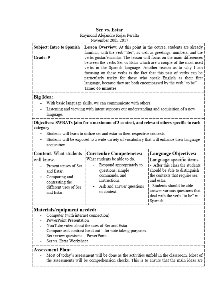 Ser Vs Estar Grade 9 Intro | PDF | Brainstorming | Spanish Language