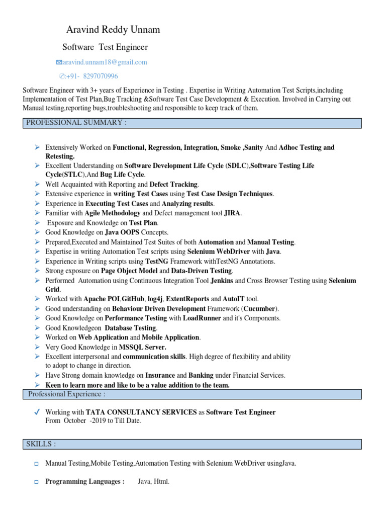 Aravind Reddy Test Engineer TCS | PDF | Selenium (Software) | Software ...