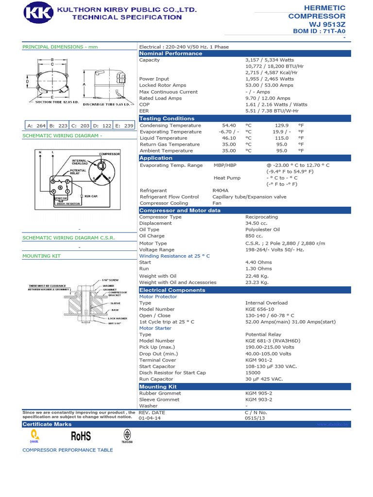 Embraco WJ 9513Z Wiring & Specs Guide | PDF