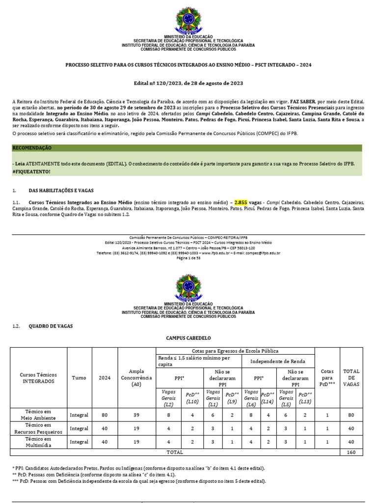 Edital 120-2023 PSCT 2024 - Cursos Integrados - ERRATA | PDF