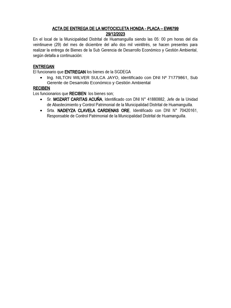 Acta de Entrega de La Motocicleta Honda | PDF | Vehículos de ruedas ...