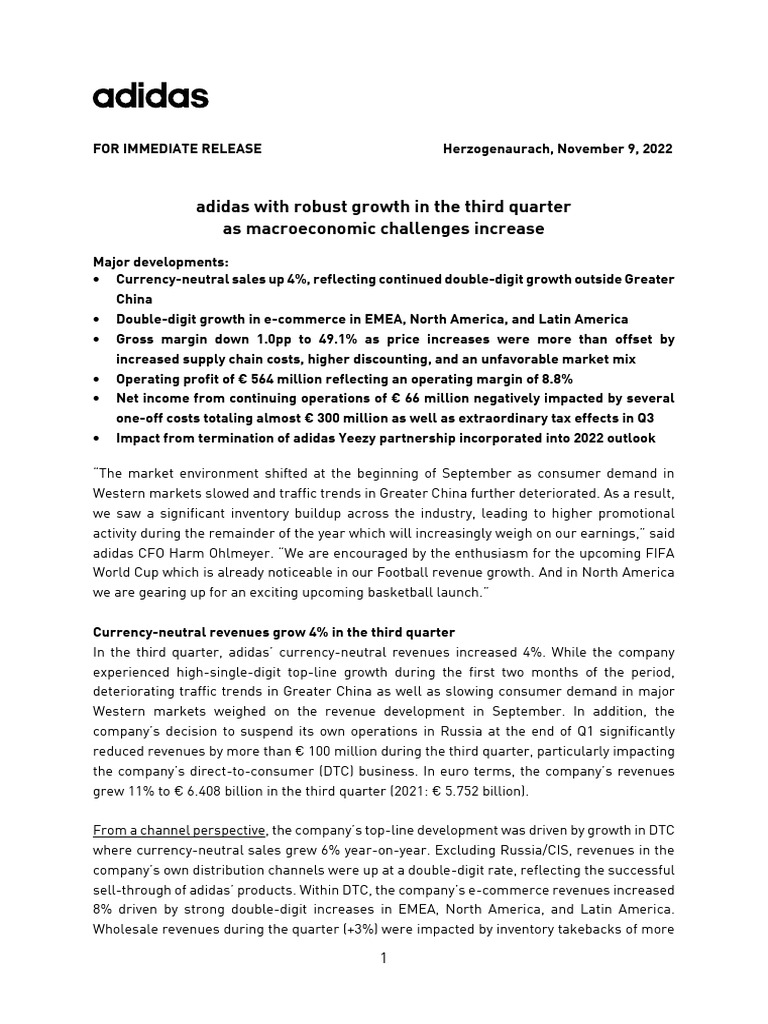 adidas Q3 2022 Financial Results Summary | PDF | Equity (Finance) | Net ...