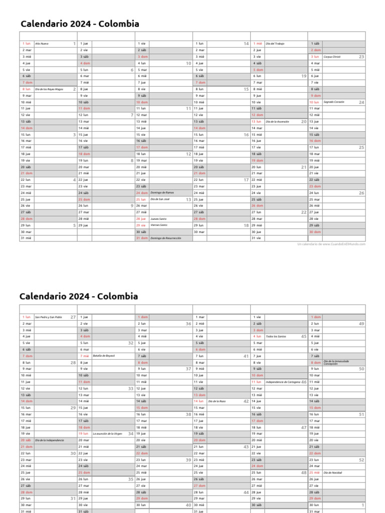 Calendario 2024 Colombia PDF Calendario