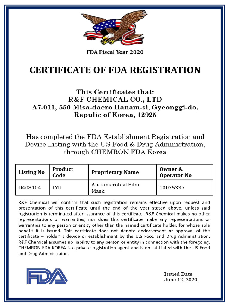 FDA Registration Certificate for R&F Chemical | PDF