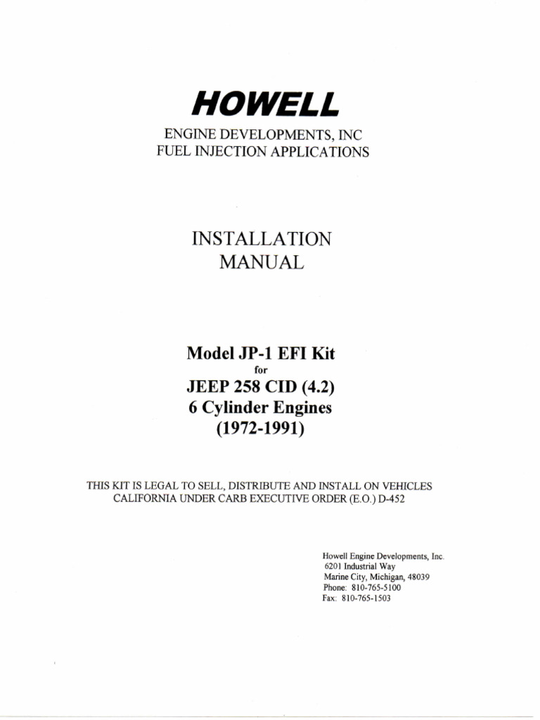 Model JP1 EFI Kit For JEEP 258 CID 4.2 6 Cylinder PDF Carburetor