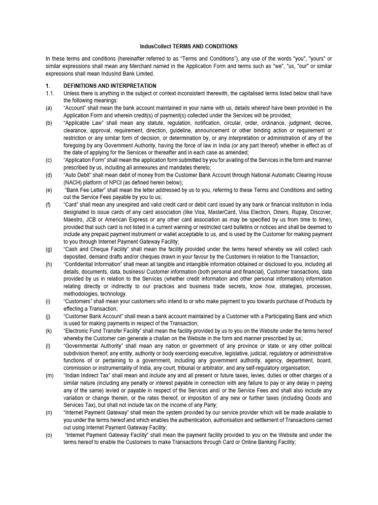 IndusCollect Terms and Conditions | PDF | Cheque | Payments