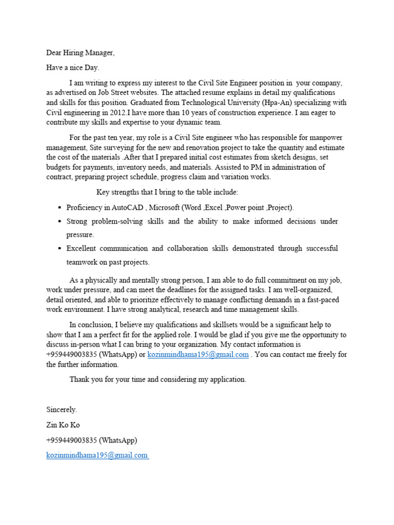 Civil Site Engineer Application Letter | PDF | Career & Growth | Art