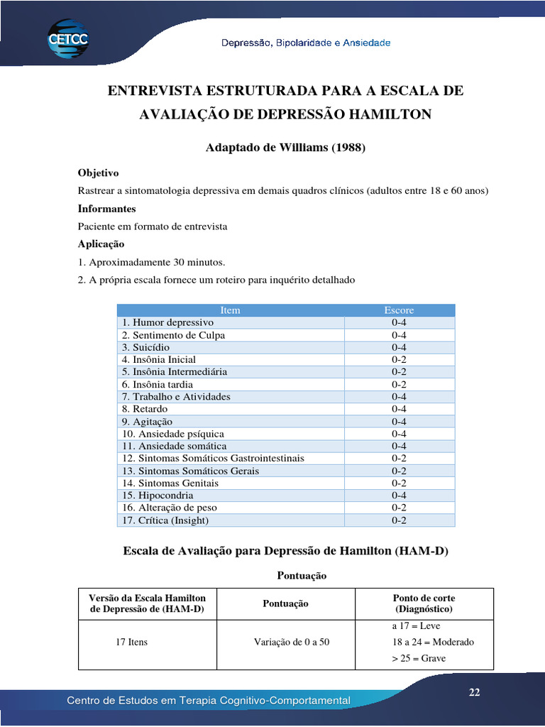 Entrevista para Escala de Depressão HAM-D | PDF | Depressão | Medicina ...