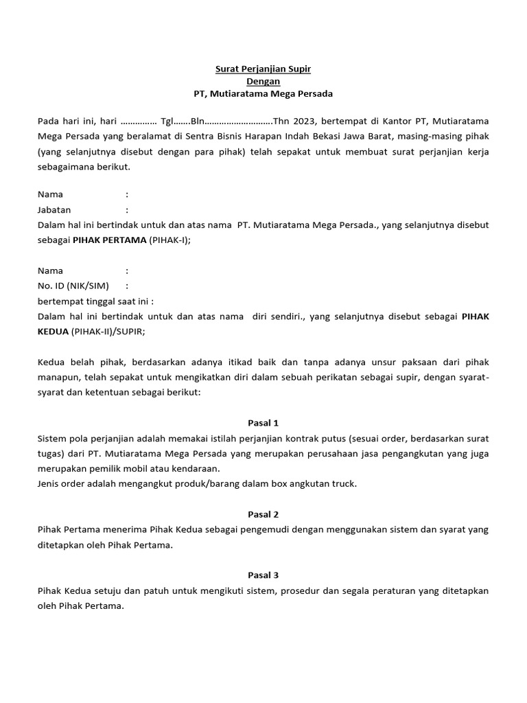 Surat Perjanjian Kerja Supir Truk | PDF | Hukum