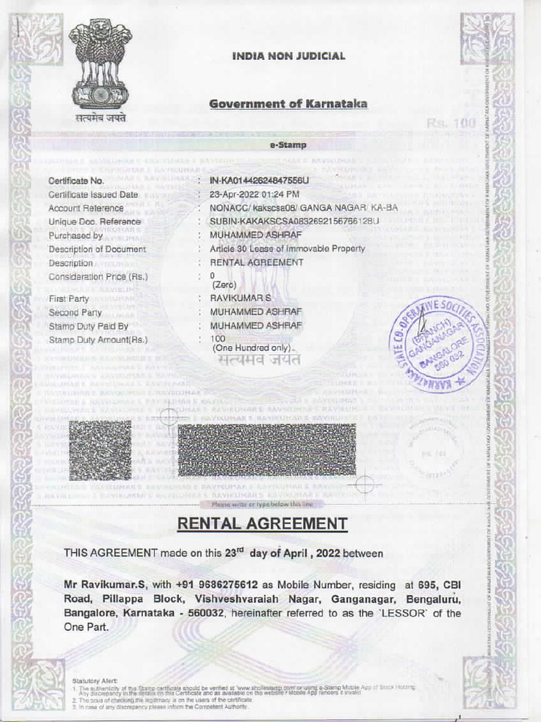 Rental Agreement RT Nagar | PDF
