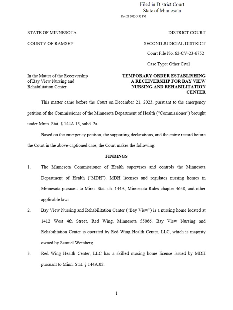 Temporary Order Establishing A Receivership For Bay View Nursing and