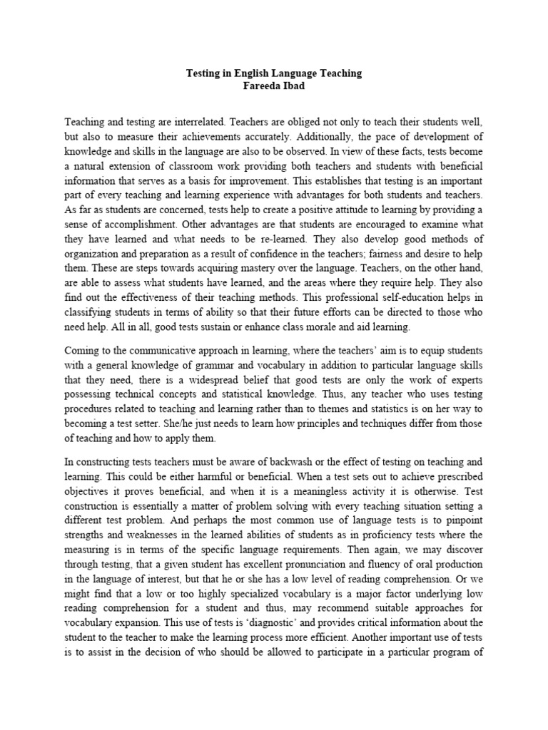 TESTING AND ASSESSMENT IN ENGLISH LANGUAGE TEACHING PDF intelligence overview