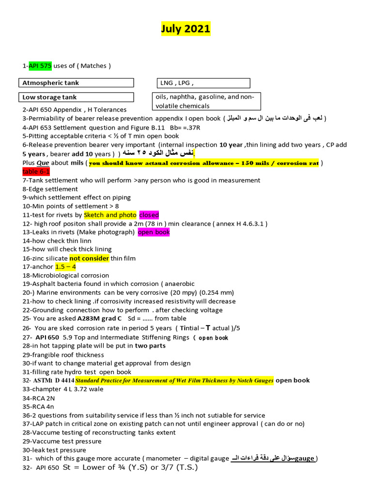 API 653 Inspection Guidelines Summary | PDF | Pressure | Welding