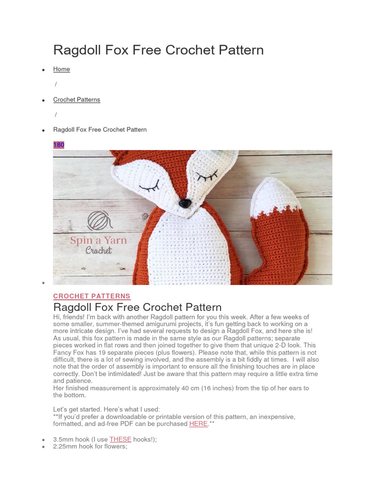 Free Ragdoll Fox Crochet Pattern | PDF | Crochet | Embroidery