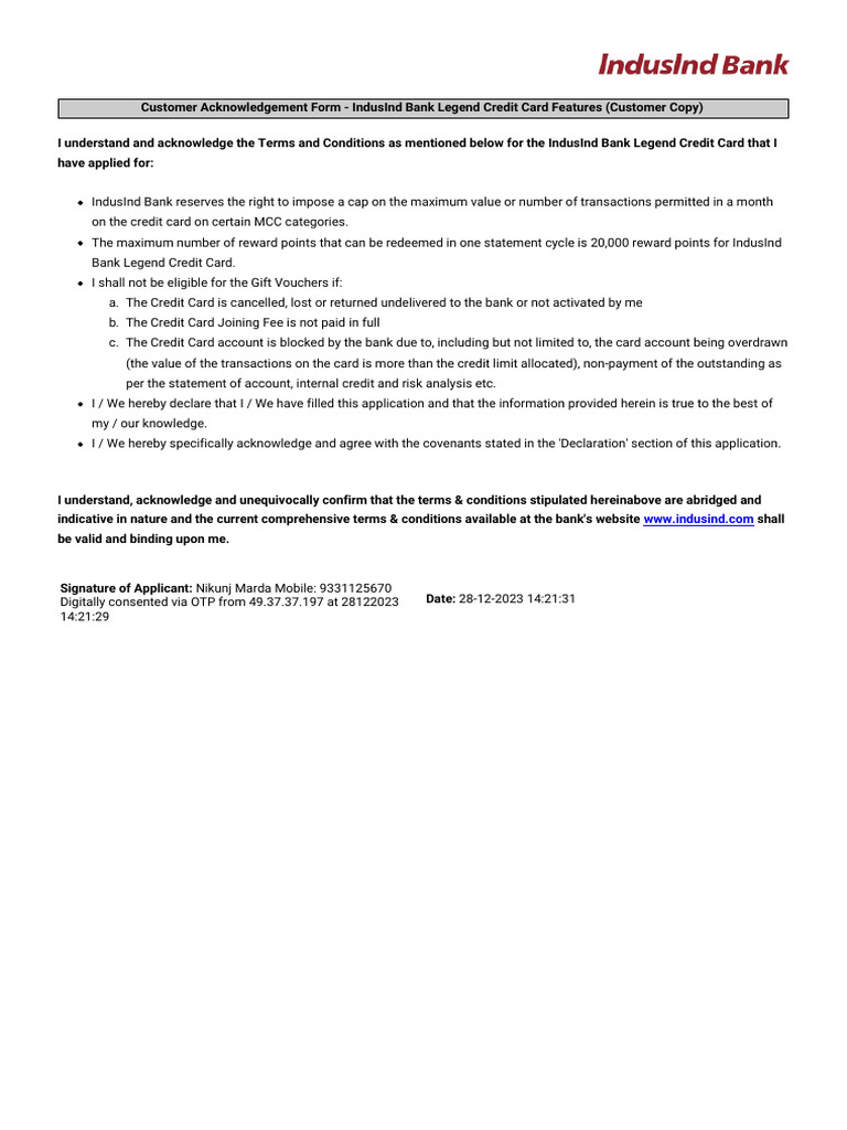 IndusInd Bank Credit Card Acknowledgement | PDF