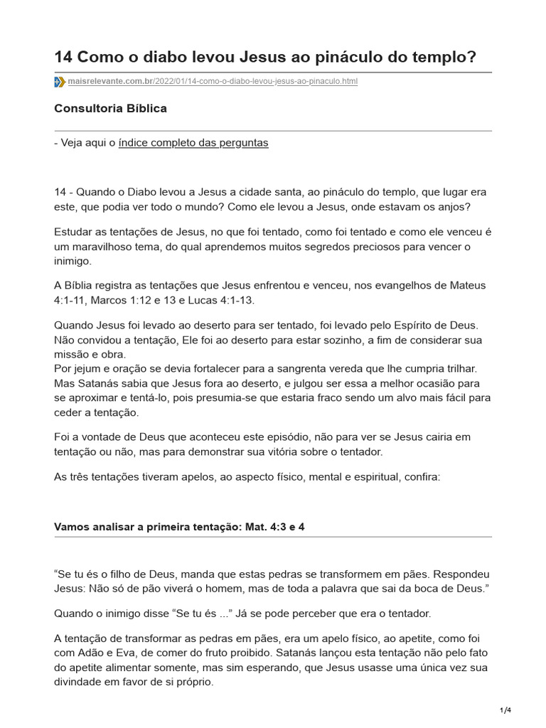 14 Como o Diabo Levou Jesus Ao Pináculo Do Templo | PDF | Tentação | Jesus