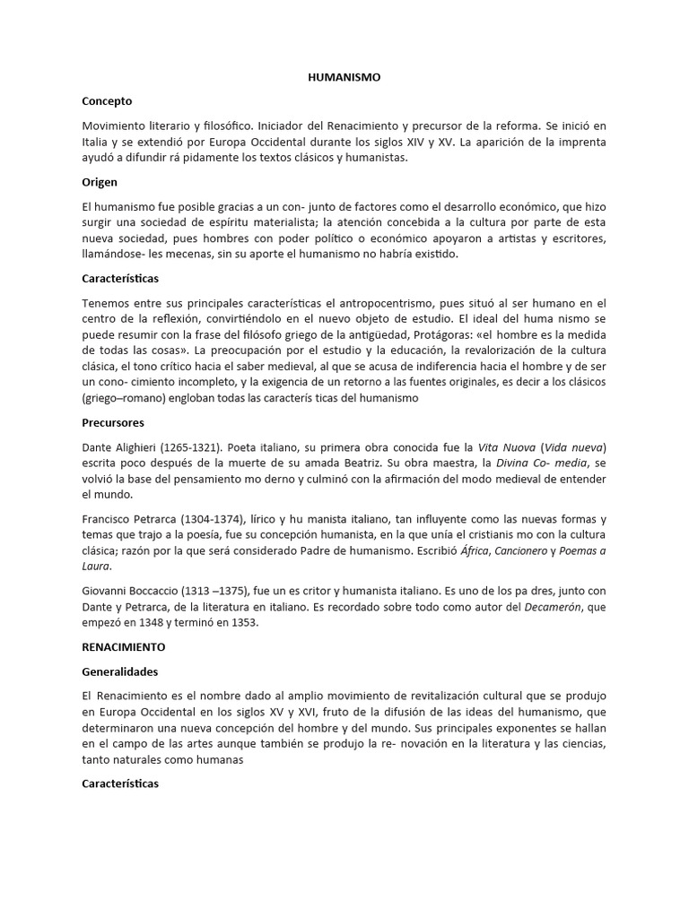 Humanismo y Renacimiento: Orígenes y Características | PDF ...