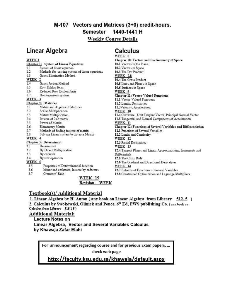 KSU Linear Algebra Course Overview | PDF | Matrix (Mathematics ...
