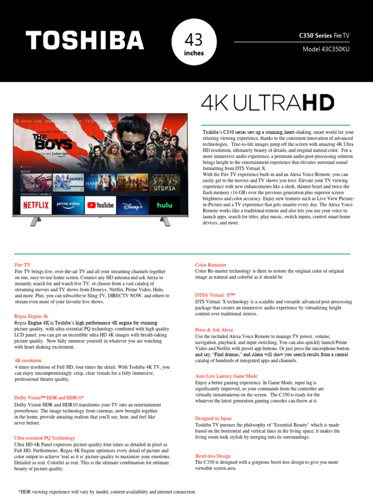 Toshiba 43C350KU Spec Sheet Release v2 | PDF | Television | Media Formats