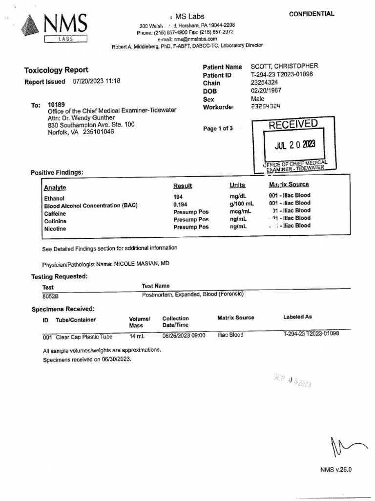 Scott, Christopher Toxicology Report | PDF